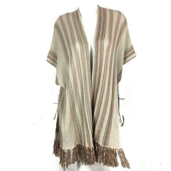 Mystree Poncho Cardigan One Size Beige Knit Stripe Open Front Boho - Picture 1 of 5